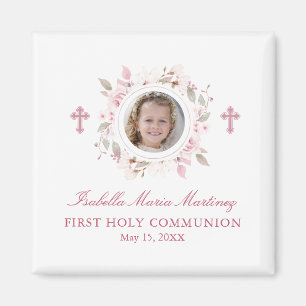 Editable Photo First Communion Pink Flower Favour Magnet