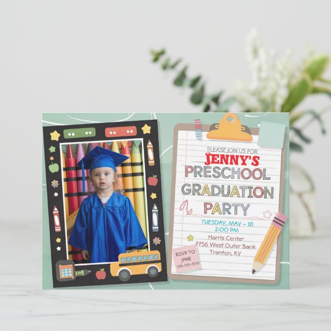 Editable Photo Notepad Preschool Graduation Chalk Invitation (Standing Front)