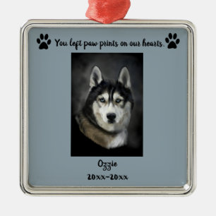 Editable Photo Pet Paw Prints On Our Hearts Metal Ornament