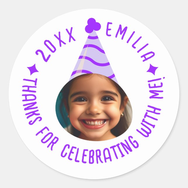 Editable Photo Text Birthday Thanks Party Hat Classic Round Sticker (Front)