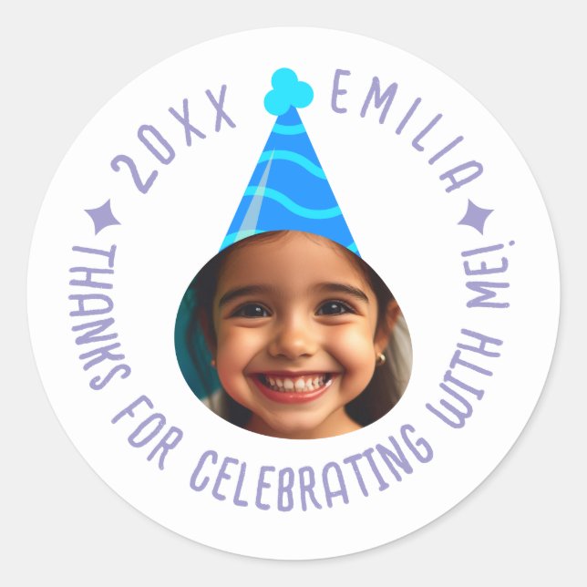 Editable Photo Text Birthday Thanks Party Hat Classic Round Sticker (Front)