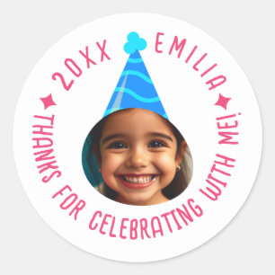 Editable Photo Text Birthday Thanks Party Hat Classic Round Sticker