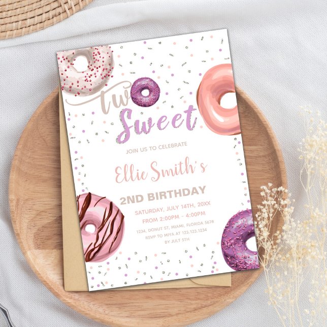 Editable Pink 2nd Birthday Party Invite (Two Sweet Pink Donut Birthday Invitations)