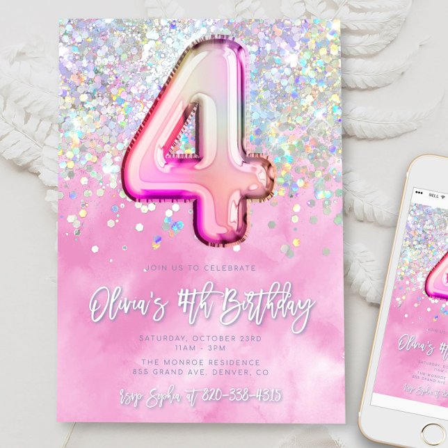 Editable Pink 4th Birthday Invitation Template Gli (Creator Uploaded)