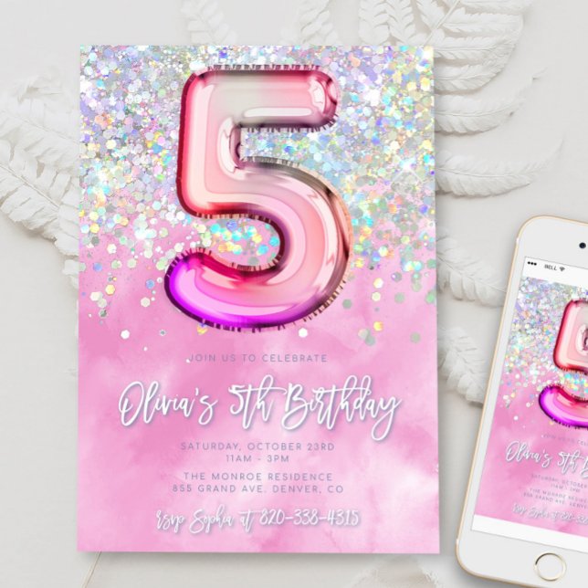 Editable Pink 5th Birthday Invitation Template Gli (Creator Uploaded)