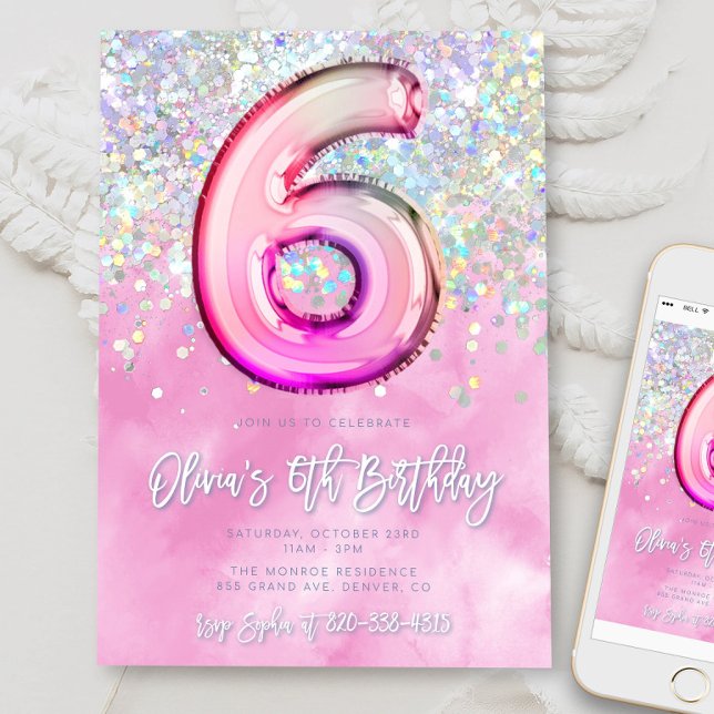 Editable Pink 6th Birthday Invitation Template Gli (Creator Uploaded)