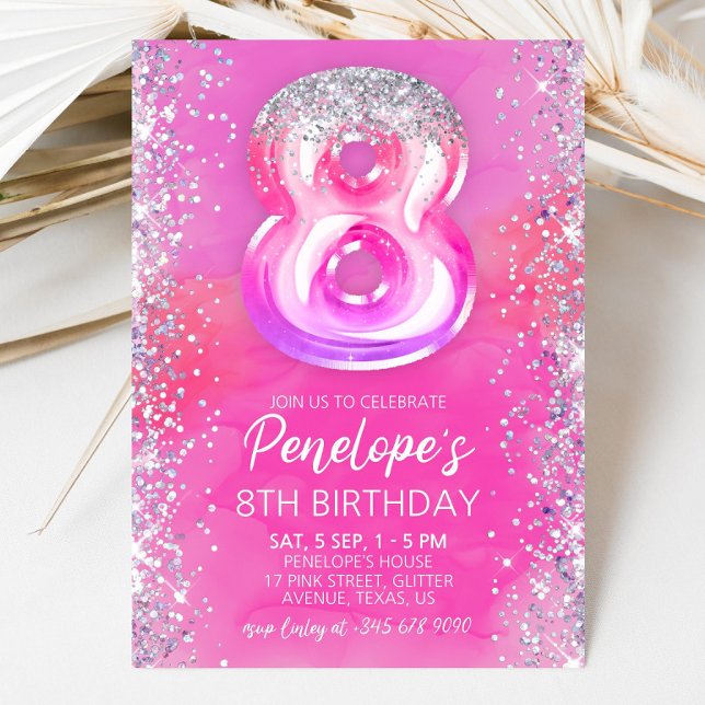 Editable Pink 8th Birthday Invitation Template (Creator Uploaded)