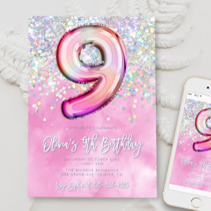 Editable Pink 9th Birthday Invitation Template Gli