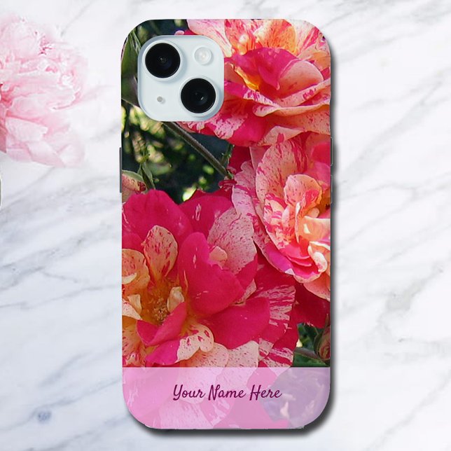 Editable Pink and White Striped Roses Case-Mate iPhone Case (Elegant Editable Striped Roses Phone Case)