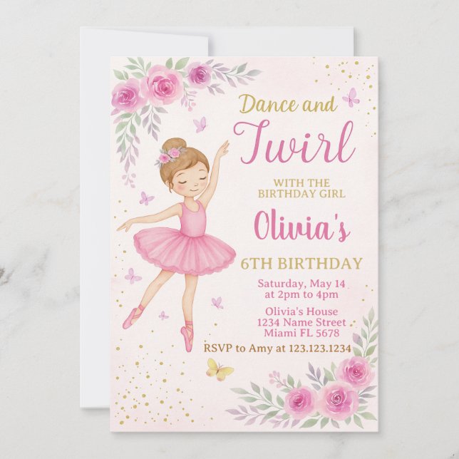 Editable Pink Ballerina Party Invite Template (Front)