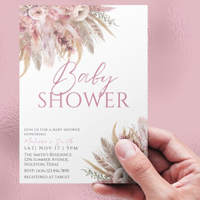 Editable Pink Boho Baby Shower Invitation, Pampas Invitation (Creator Uploaded)