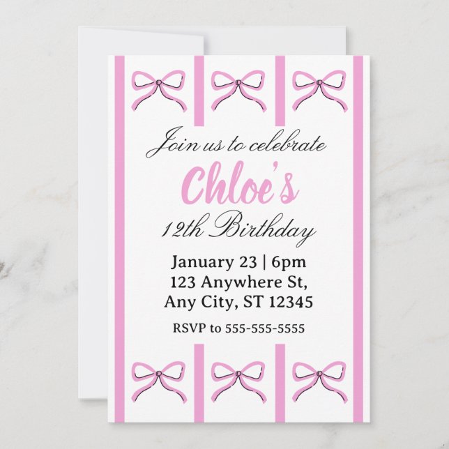 Editable pink bow birthday invite (Front)