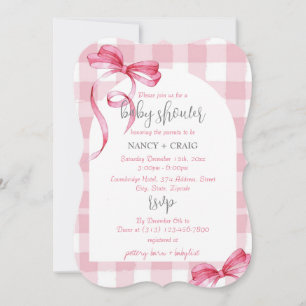 EDITABLE Pink Bow Gingham Baby Shower Invitation