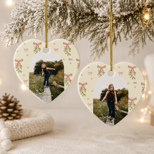 Editable Pink Bow Mistletoe Photo Christmas Heart Ceramic Ornament