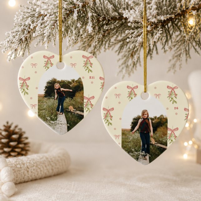 Editable Pink Bow Mistletoe Photo Christmas Heart Ceramic Ornament (Creator Uploaded)