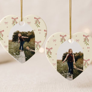 Editable Pink Bow Mistletoe Photo Christmas Heart Ceramic Ornament