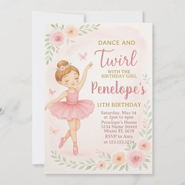 Editable Pink Dance Party Card for Little Girls (Front)