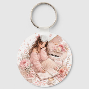 Editable Pink Floral Piano Keychain