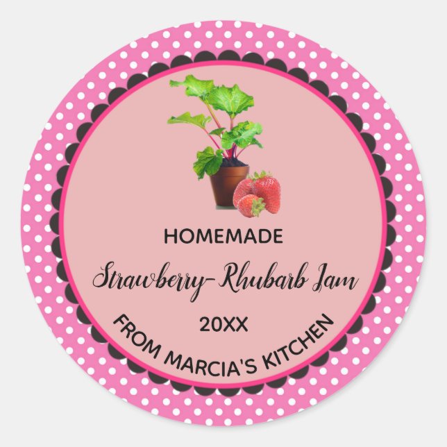 Editable Pink Gingham Strawberry Rhubarb Jam Label (Front)