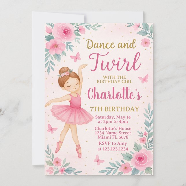 Editable Pink & Gold Dance Party Card for Girls (Front)