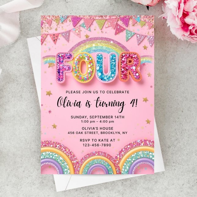 Editable Pink Rainbow Sequin 4th Birthday Invitati Invitation (Creator Uploaded)