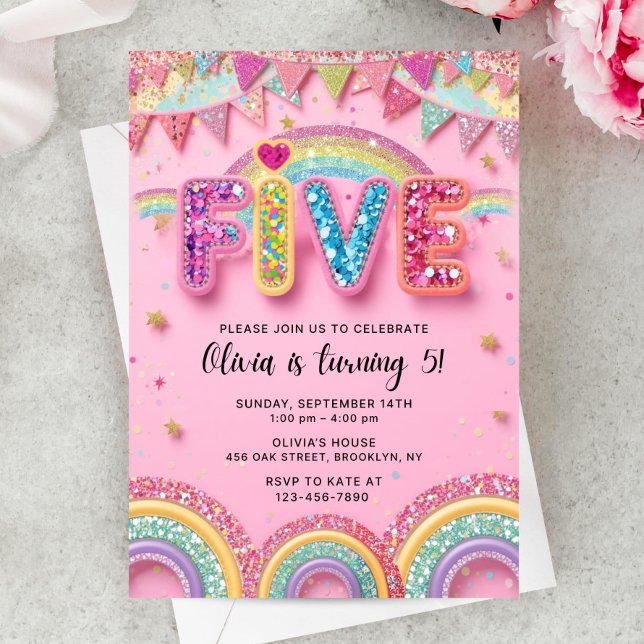 Editable Pink Rainbow Sequin 5th Birthday Invitati Invitation (Creator Uploaded)
