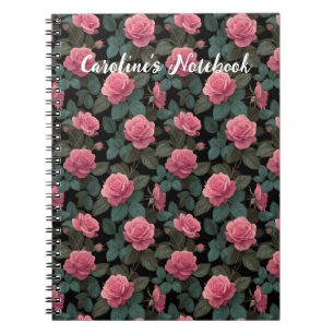 Editable Pink Roses on Black Floral Pattern Custom Notebook