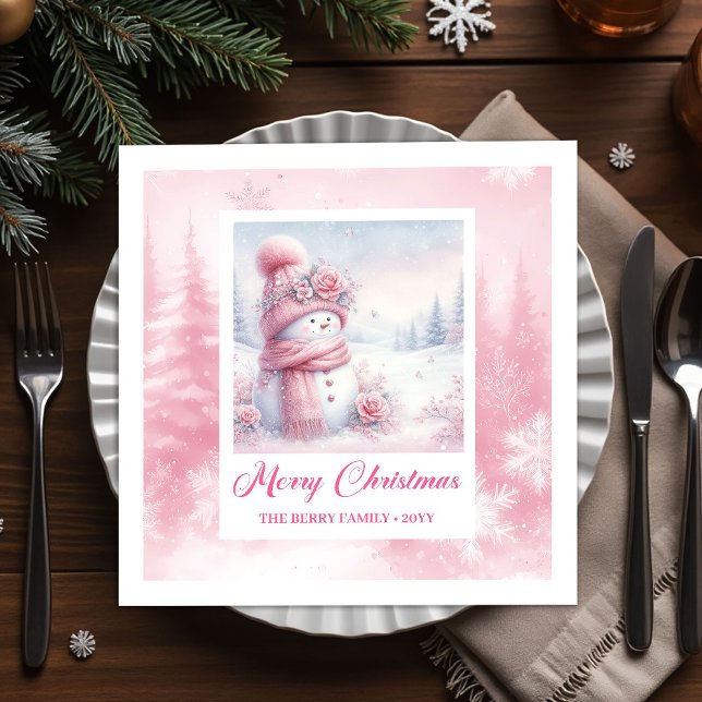 Editable Pink Snowman Kids Winter Scene Pinkmas  Napkin (Editable Pink Snowman Kids Winter Scene Pinkmas Christmas Napkins

)