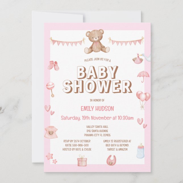 Editable Pink Teddy Bear Invitation (Front)