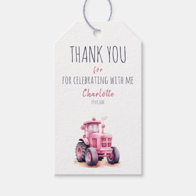Editable Pink Tractor Birthday Thank You Tag (Front)