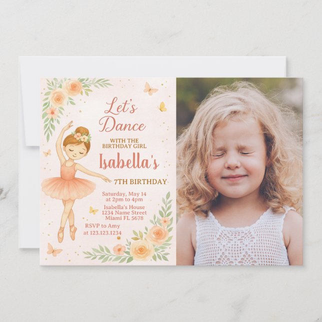 Editable Pink Tutu Party Card for Girls with photo (Front)