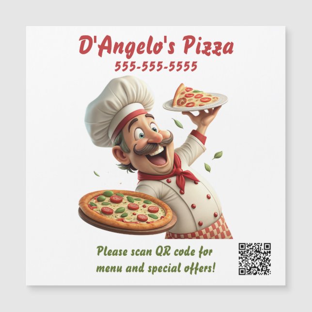 Editable Pizza Restaurant QR Code Magnet (Front)