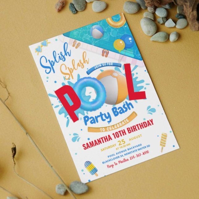 Editable Pool Party Bash Birthday Party Invitation (Editable Pool Party Bash Birthday Party Invitation)