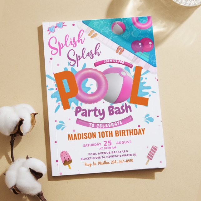 Editable Pool Party Bash Pink Birthday Invitation (Editable Pool Party Bash Pink Birthday Invitation)