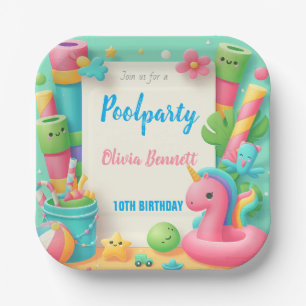 Editable Pool Party Birthday Summer Swim Paper Plate