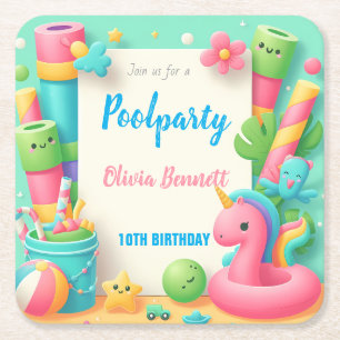 Editable Pool Party Birthday Summer Swim Square Paper Coaster