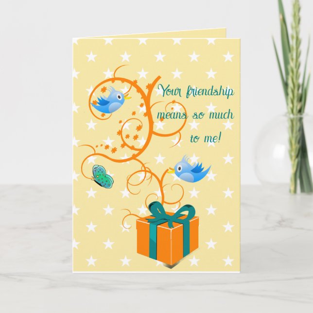 Editable Present With Vines Birds and Butterflies Card (Front)