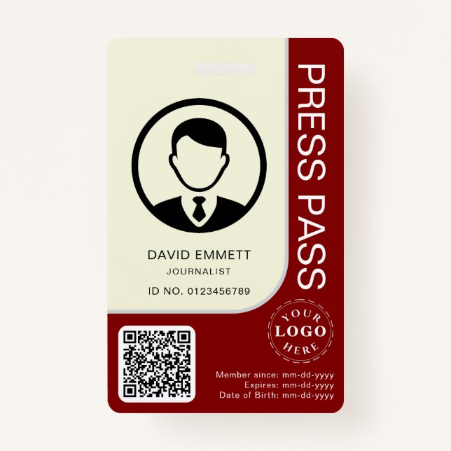 Editable Press ID Card with Photo and QR Feature ID Badge (Front)