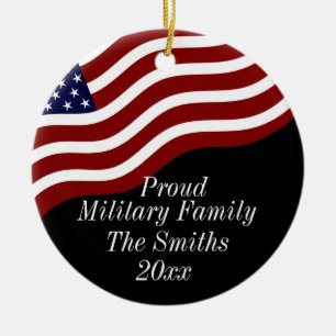 Editable Proud Military Family American Flag Ceramic Ornament