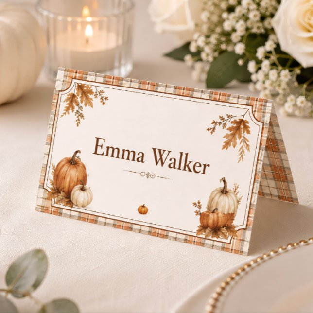 Editable Pumpkin Plaid Bridal Shower Place Card (Creator Uploaded)