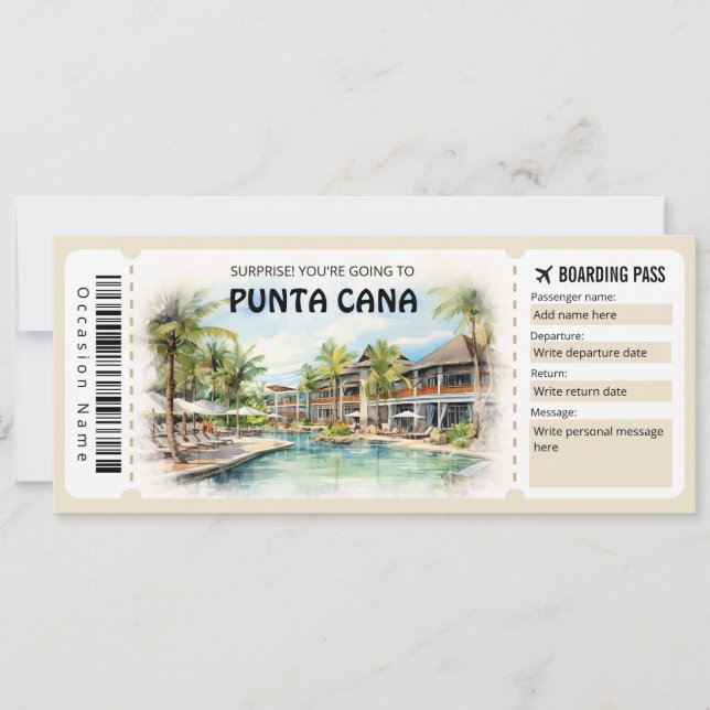 Editable Punta Cana Boarding Pass Plane ticket Invitation (Front)