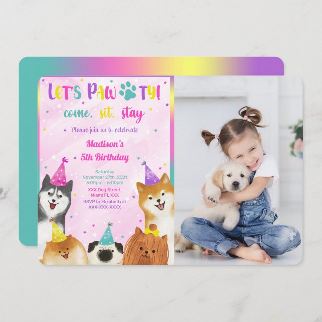 Editable Puppy Birthday Photo Invitation (Front/Back)
