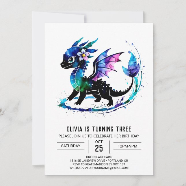 Editable Purple Dragon Digital Girl Birthday Invitation (Front)