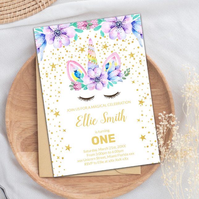 Editable Purple Floral Unicorn Birthday Invitation (Purple Floral Unicorn Birthday Invitations)