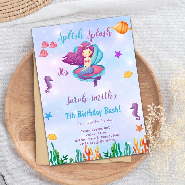 Editable Purple Shell Mermaid Birthday Invitation (Purple Shell Mermaid Birthday Invitations)