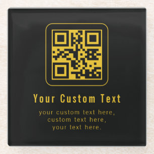 Editable QR Code & Text Template   Black & Gold Glass Coaster