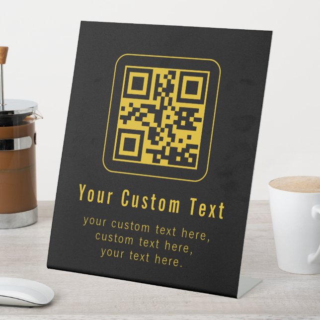 Editable QR Code & Text Template | Black & Gold Pedestal Sign (In SItu)