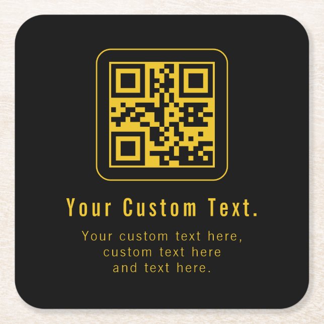Editable QR Code & Text Template | Black & Gold Square Paper Coaster (Front)