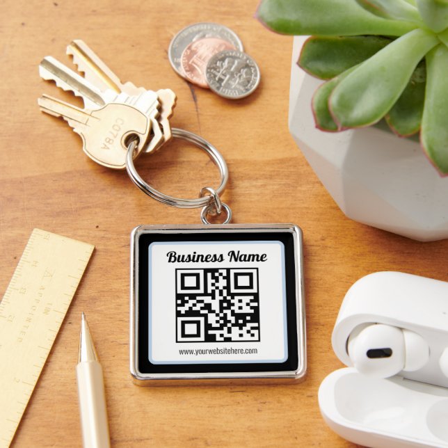 Editable QR code & Text w/Light Blue Border Key Ring (Desk)