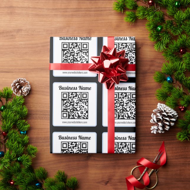 Editable QR code & Text w/Light Blue Border Wrapping Paper (Holiday Gift)